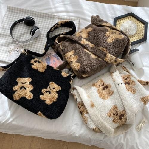 Casual Soft Plush Crossbody Handbag Women Cute Bear Printed Big Capacity Shoulder Bags Commuter Totes School Shoulder Satchel