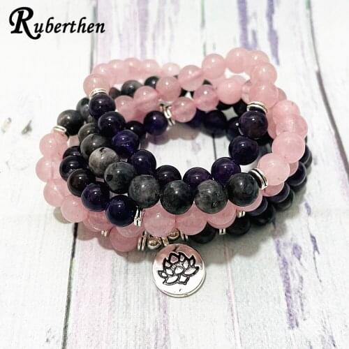 Ruberthen Natural Gray Larvikite Women`s Yoga Bracelet Natural Rose Quart z Meditation Lotus Charm Necklace Crystal Mala Beads