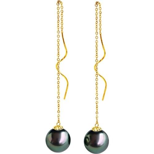 Wedding 18k Yellow Gold Earring For Women,9-10mm Beautiful Perfect Round Black Tahiti Pearl Earring Fine Jewelry Annivesary Gift