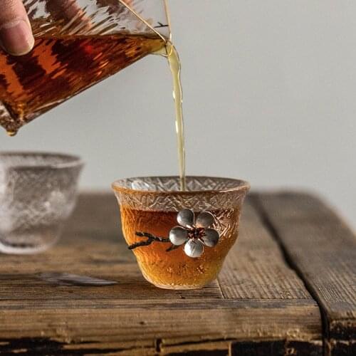 Japanese Style Glass Tin Plum Blossom Water Cup Flower Kung Fu Office Tea Set Drinking Mug Transparent Heat-Resistant Teacup