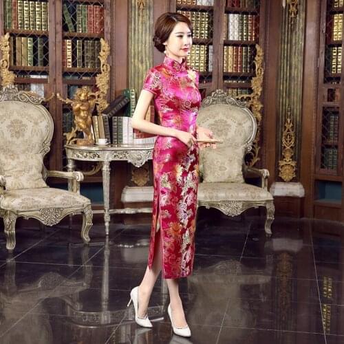 Chinese Traditional Cheongsam Dress Female Long Qipao Tang Suit Oriental Evening Dress Slim Short Sleeve Elegant Long Dress