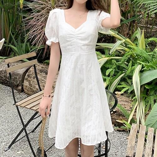 Striped Casual Vintage 2021 Summer Dress Cotton Puff Sleeve Beach Dress for Women Elegant Party Dresses Sweet Robe Femme 14107