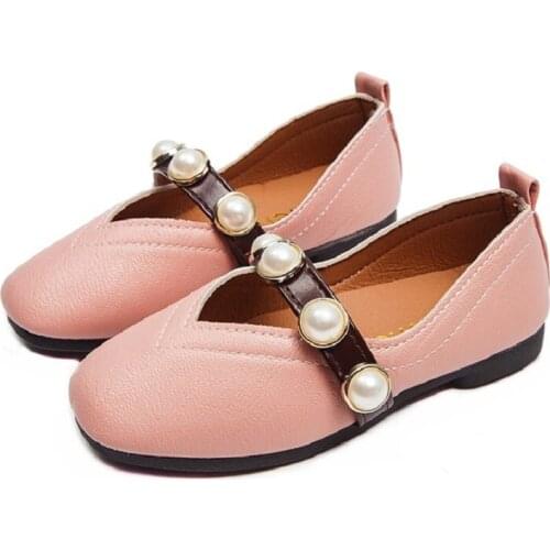 Spring Kids Children Girls Princess Pearl Square Toe Flat PU Leather Shoes