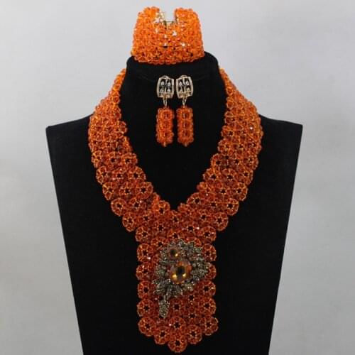 Vintage Wedding Bridal Costume Orange beads Necklace Sets Crystal Rhinestone Necklace Earrings Beads Jewelry Free shipping WD561