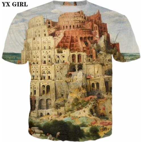 YX GIRL 2018 summer New style Fashion 3d t shirt Biblical Tower of Babel Print Tee Shirt Mens Womens casual Hipster tshirt