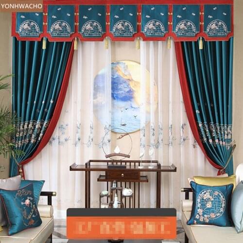 Custom curtain luxury embroidery living room satin high-precision green blue cloth blackout curtain valance tulle panel C653