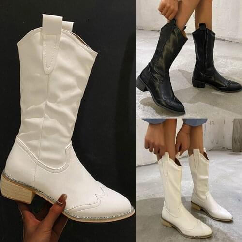 Womens Fashion Solid Color PU Leather Pointed Toe Thick-heeled Mid-tube Knight Boots Autumn Simple All-match Women Shoes Botas