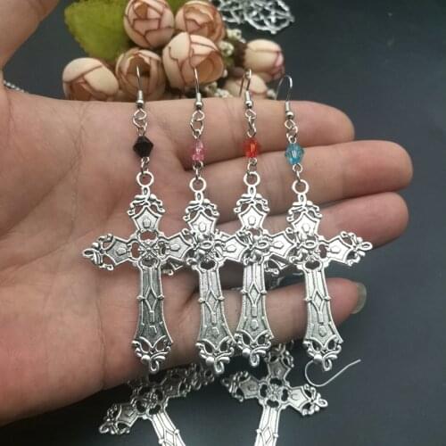 Goth Large Detailed Floral Cross Earrings Silver Color Gothic Punk Jewellery Fashion Gorgeous Statement Women Gift Vintage Trend