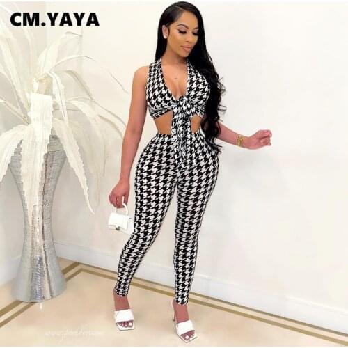 CM.YAYA Women Set Houndstooth Print Sleeveless V-neck Bandage Crop Tops Pencil Pants Two Piece Set Tracksuit Summer Outfits 2021