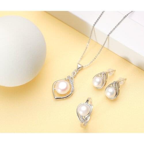 Drop Shape Natural Freshwater Pearl Sets Jewelry for Women Pendant Ring Earrings 10MM Wedding/Party Necklace Jewelry Set