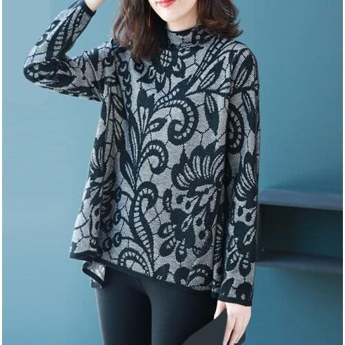 Winter Fall Fashion Womens Female Turtleneck Patchwork Floral Knit Sweater Pullover , Knitted Pullovers and Sweaters for Woman