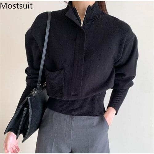Stand Collar Zip-up Knitted Sweater Jumpers Women Full Sleeve Pocket Stylish Pullover Tops Solid Fashion Ladies Jumpers 2021