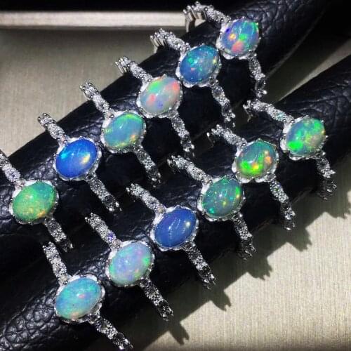 Multicolor Opal Ring 100% 925 Sterling Silver with Real Natural Opal Oval 6x8mm Opal Wedding Rings Women Adjustable Rings Size
