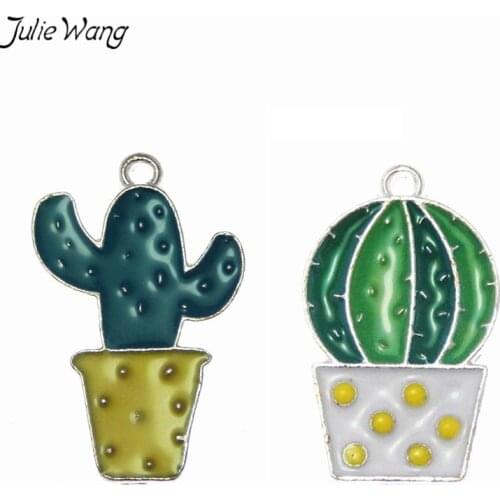 Julie Wang 10PCS Colorful Enamel Cacti Pendant Little Green Plant in Pot Zinc Alloy Charm DIY Cute Drop Earring Women Jewelry
