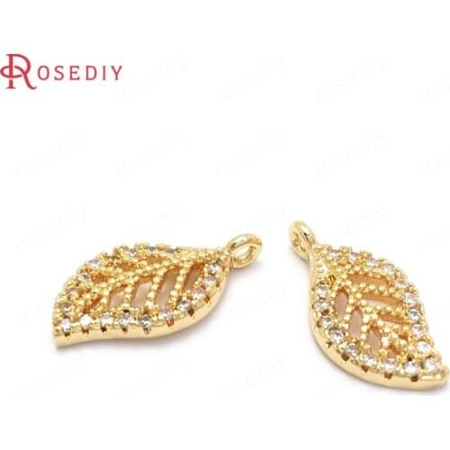 37134)4PCS 15x8MM 24K Gold Color Brass and Zircon Tree Leaf Leaves Charms Pendants Jewelry Making Supplies Findings Accessories