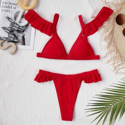 Bikini 2021 Women Solid Red High Waist Swimsuit Lotus Sleeve Beach Bathing Suit Swimwear Biquini Sexy Ruffle Bikinis Size S-L