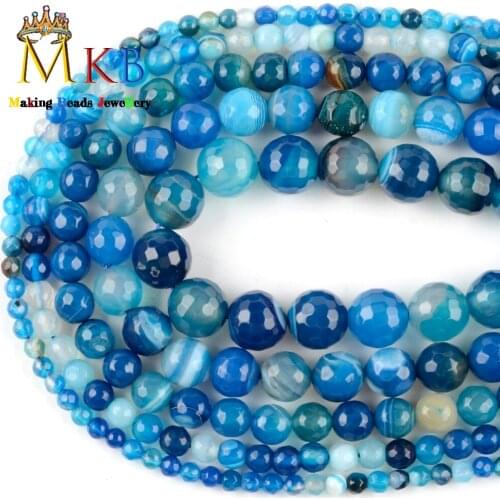 Natural Stone Beads Faceted Blue Stripe Agates Loose Beads for Jewelry Making 4mm-12mm Diy Bracelet Necklace Accessories 15"