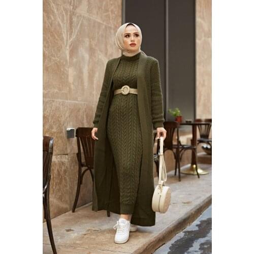 Eid Mubarak Clothing Muslim Womans Clothing 2 Pieces 2021 Knitted Cardigan Dresses Muslim Robe Femmes European Clothes Hijab