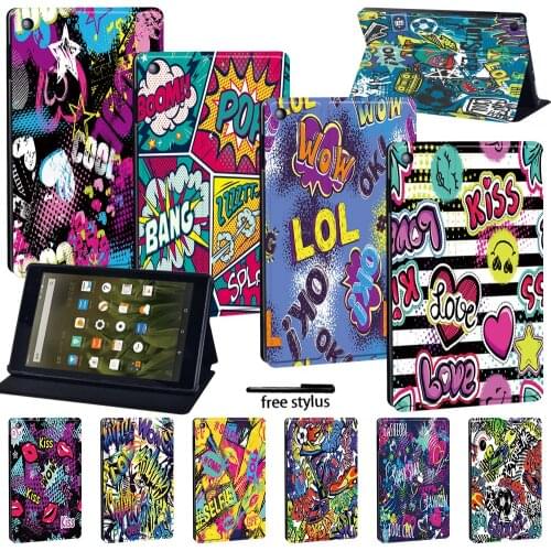 Leather Stand Tablet Folio Case for Amazon Fire 7(5th/7th/9th Gen)/HD8 (6/7/8th Gen)/HD10(5/7/9th Gen)/HD(8/8 Plus) +Free Stlyus