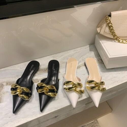 Fashion Women Slippers Pointed Toe Casual Flats Heeled Metal Chain Design Gold Chain Elegant Summer Beach Shoes Woman Size 39
