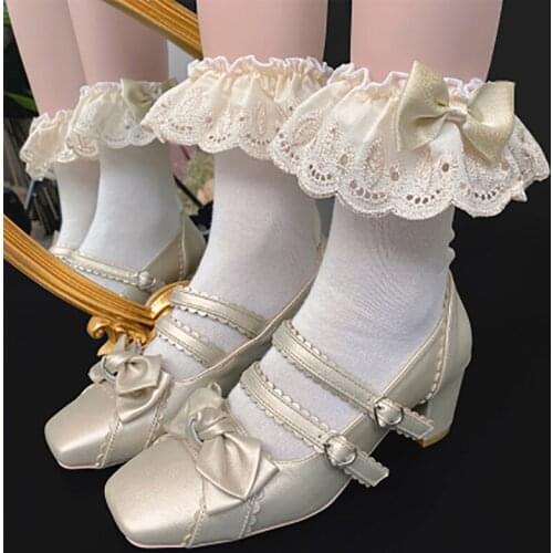 Orginal Kawaii White Lolita Sock Vintage Lace Champin Ruffles Socks Piles Of Bowknot Cotton Short Lolis Socks Girls Gift 0324GR