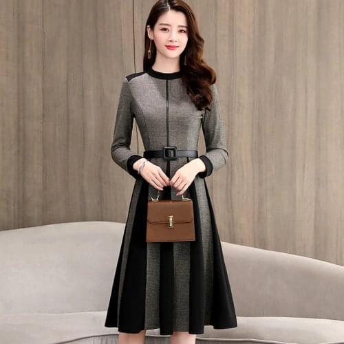 Autumn Winter New splice Striped Dress Noble women Korean O neck Pullover Dresses Female Long sleeve Casual Midi Vestidos F807