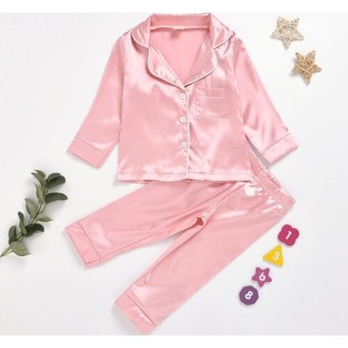 Kids Baby Satin Pajamas Set Long Sleeve Button Down Top Pants Girls Boys Pjs Sleepwear