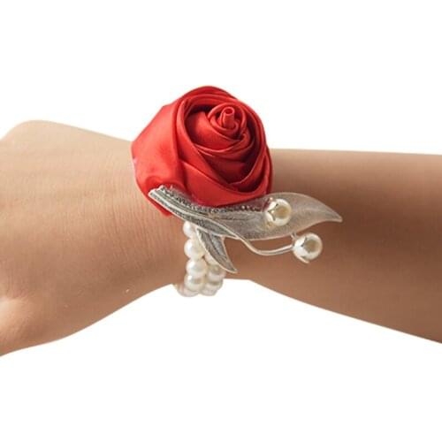 Prom Cloth Rose Flower Party Wrist Flower Wedding Boutonnieres Hot Pink Bridesmaid Corsage Hand Flowers For Marriage Accessories