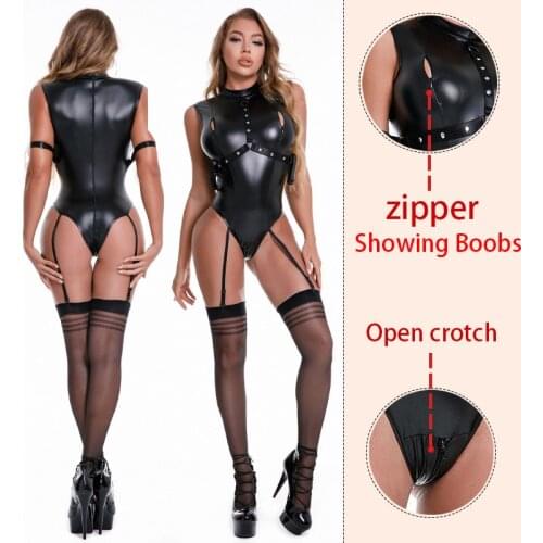 AIIOU Sexy Faux PU Leather Bodysuit with Sock Hot Erotic Women Open Bra Crotchless Catsuit Porn Mistress Fetish Bondage Costume