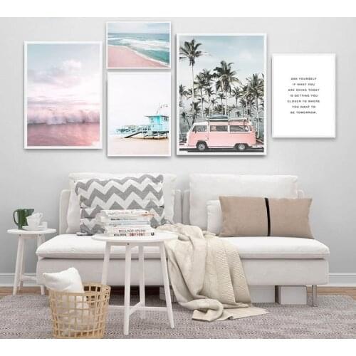 Nordic Sea Scenery Pink Bus Decorative Canvas Painting Wall Art Picture Living Room Decoration Home Decor