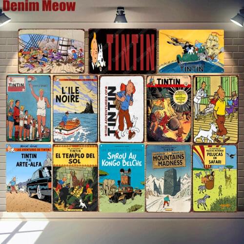 Tintin Cartoon Metal Tin Signs Alpha Art Painting Shop Wall Sticker Home Decor Tintin Movie Poster Bar Vintage Iron Plates MN120