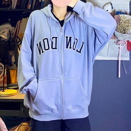 England Retro Letter Embroidery Zip Up Hoodie Jacket Women Oversized Sweatshirt 2021 Autumn New Streetwear Fashion Teens Clothes