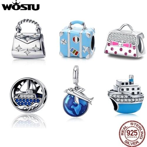 WOSTU New Fashion 925 Sterling Silver Suitcase Luggage Blue Beads Fit Original Bracelet Charm Pendant Jewelry Making CQC1377
