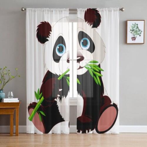 Cute Panda Bamboo Sheer Curtains for Living Room Child Bedroom Tulle Curtains Kitchen Window Treatments Panel Drapes