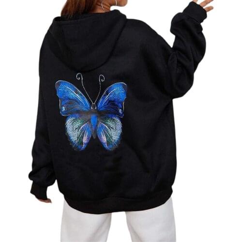Y2K Women Casual Hooded Sweater Adults Butterfly Print Long Sleeve Sweatshirt with Pocket, Drawstring