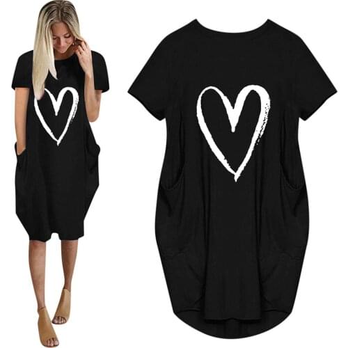 Summer Dress Women Love Print O-neck Pockets Loose Dresses Casual Short Sleeve Party Dress Plus Size Sundress Vestidos De Verano