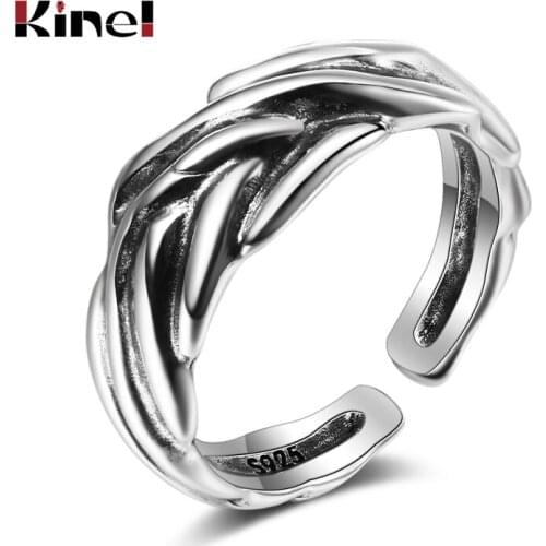 Kinel High Quality Vintage Real 925 Sterling Silver Geometric Concave Convex Face Adjustable Rings for Women Silver Jewelry