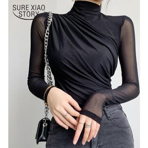 2021 Spring Half High Collar Pleated Bottomed Shirt Women New Fashion Long Sleeve Womens Blouse Stitching Mesh Top Female 12696