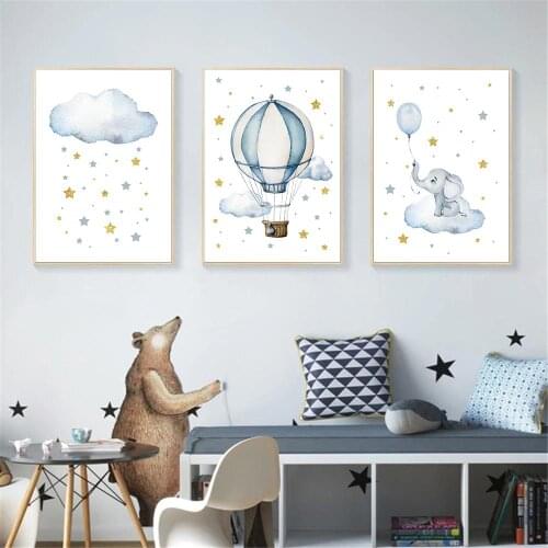 Abstract Elephant Wall Art Poster Blue Balloon Star Cloud Art Print Hot Air Balloon Canvas Painting Nordic Baby Kids Room Decor