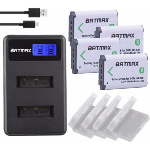 Batmax 4pcs NP BX1 np-bx1 Battery Pack +LCD USB Charger For Sony DSC-RX100 DSC-WX500 IV HX300 WX300 HDR-AS15 MV1 AS30V HDR-AS300