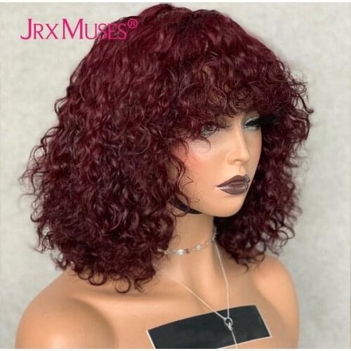 Burgundy Water Wave Curly Wig With Bangs 180 Density Highlights Human Hair Wigs Machine Made Fringe Short Bob Wig Wet And Wavy