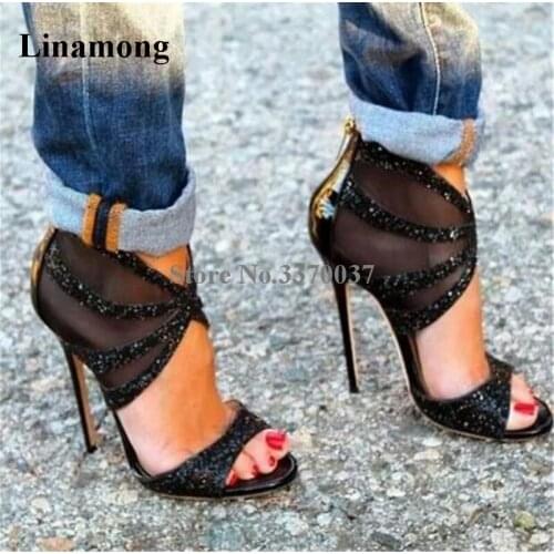 Women Luxurious Peep Toe Black Mesh Rhinestone Thin Heel Boots Ankle Strap Wrap Crystal High Heel Sandals Wedding Shoes