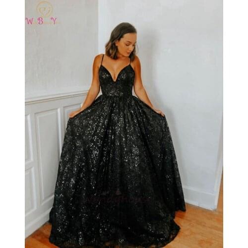 Black Long Formal Party Women Evening Dresses 2020 Sexy V-Neck Spaghetti Straps Prom Gowns Sequined vestido de fiesta de noche