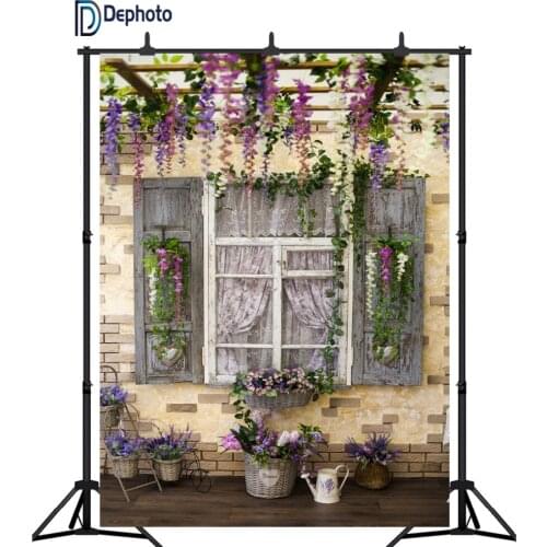 DePhoto photography backdrops spring courtyard wistaria flowers wood pergola decorated retro window photo background photocall