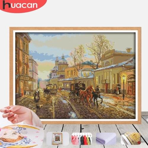 HUACAN City Scenery Embroidery Needlework Sets For Full Kits White Canvas DIY Cross Stitch Street Home Decor Gift 14CT