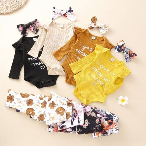 Newborn Baby Girl Clothing Set 2021 Spring and Autumn Letter Flying Sleeve Romper + Culottes + Turban 3PCS Baby Girl Set