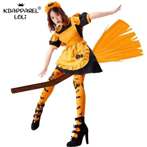 Halloween Costume Womens Maid Dresses Witch Sweet Girls Teens Lapel Pumpkin Lantern Bat Embroidery Short Length Apron Design