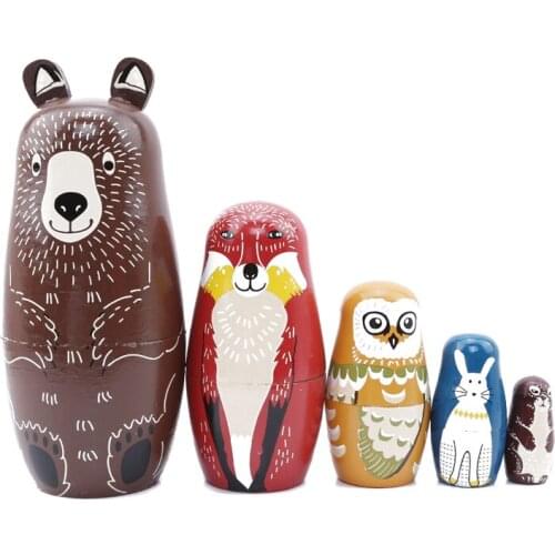 5Pcs/Set New Cute Animal Russian Dolls Wooden Bear Owl Rabbit Pattern Fun Matryoshka Dolls Baby Story Accessory Doll Toys