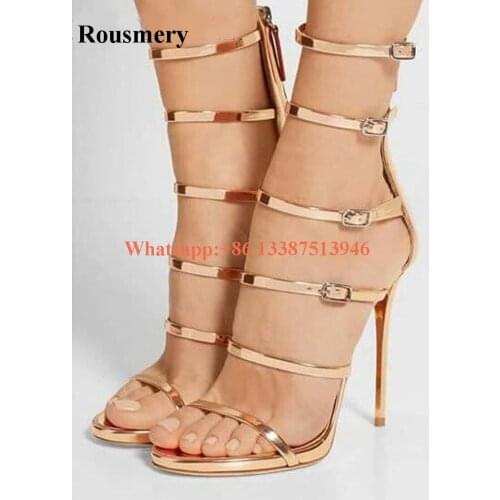 New Design Women Fashion Open Toe 5 Straps High Heel Sandals Cut-out Gold Gladiator Sandals Formal Dress Pumps