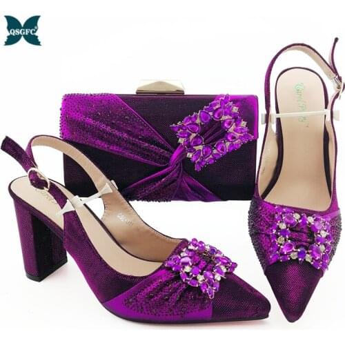 New Purple Color Ladies Shoes and Bag Set African Sets Italian design Shoes and Bag Set Decorated with Rhinestone High Quality